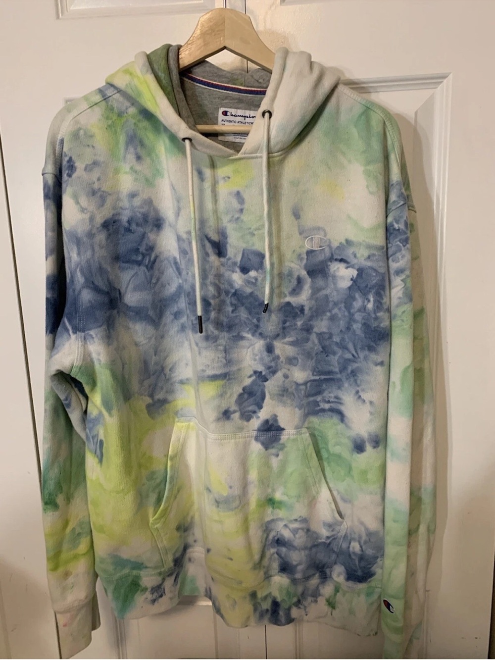 Champion Hoodie Mens Sz L Tie Dye Wash White Green Blue
